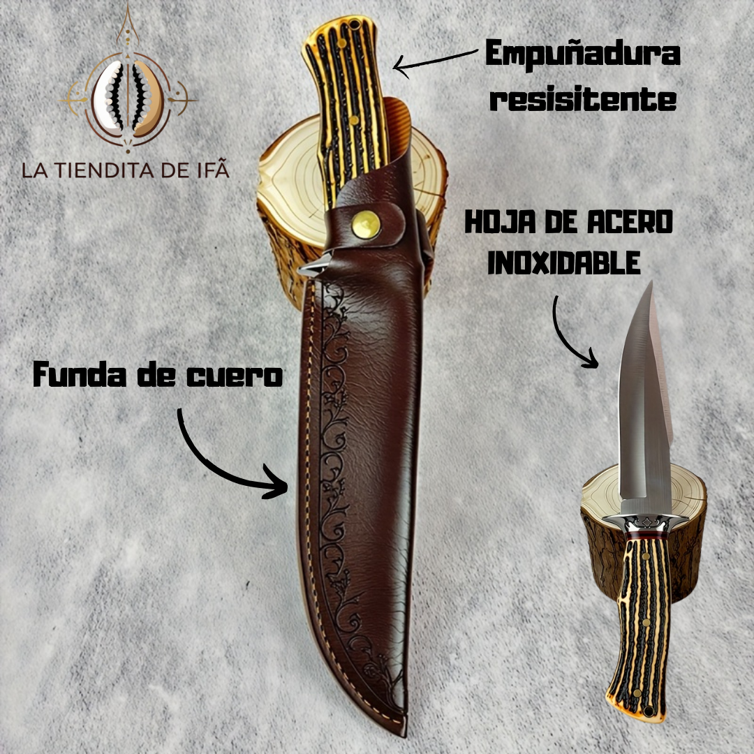 Cuchillo de Caza  con Hoja de Acero Inoxidable y Funda de Cuero